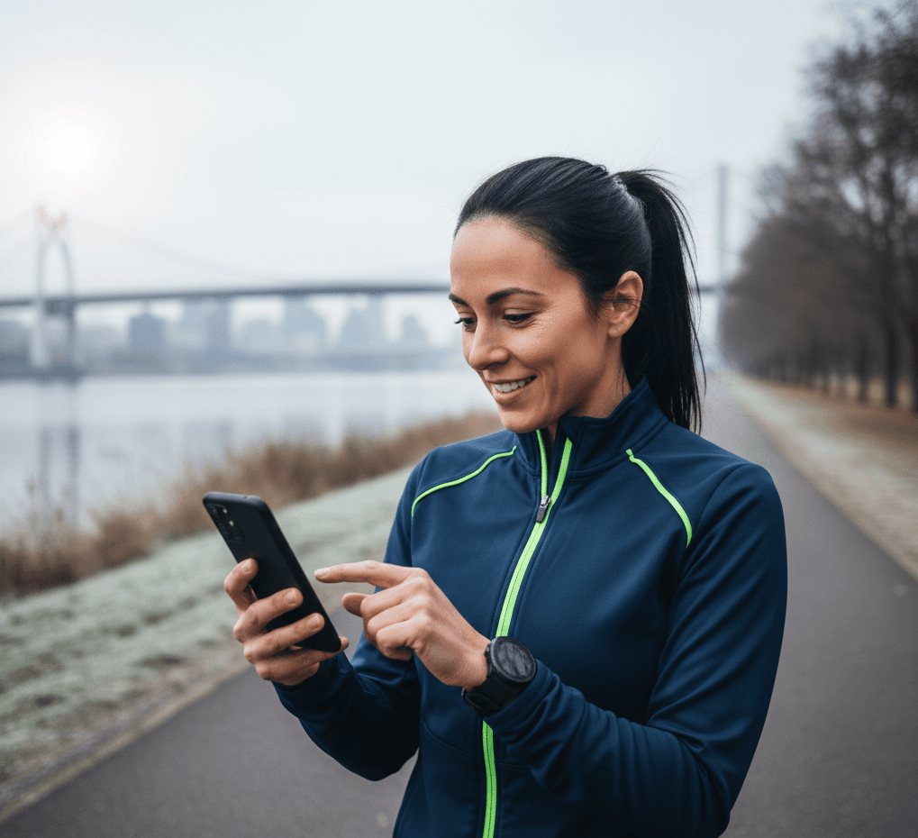 Runner checking phone for optimal run times